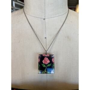 vintage reverse carved lucite flower pendant, rose necklace, 1940s 50s jewelry